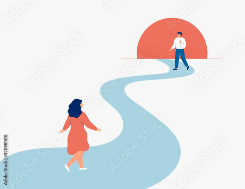 Woman walks forward toward her beloved. The pathway to the reunion of a young couple in a long-distance relationship. Family reunification policy and migration concept. Vector illustration.