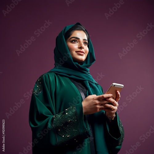 Arab abaya woman happy using mobile phone excited smile. Saudi or Emirati businesswoman.
