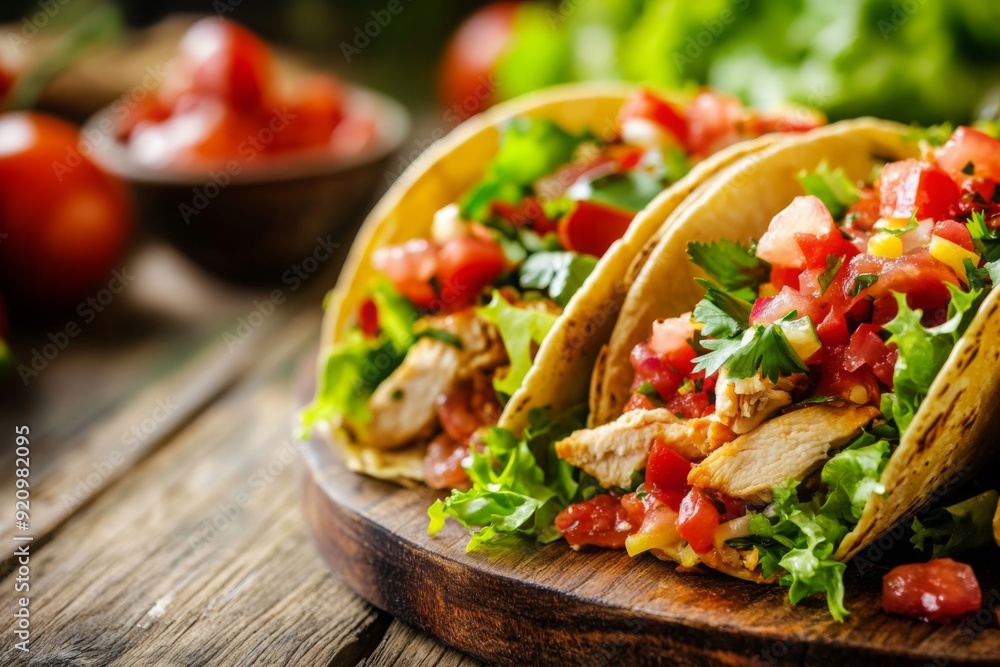 a close up view of chicken tacos with fresh ingredients on the table a close up view of chicken tacos with fresh ingredients on the table