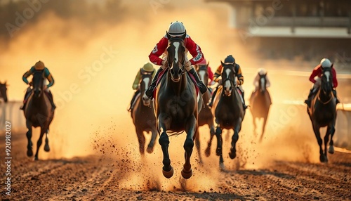 Cross view of horses racing closely in the hippodrome.