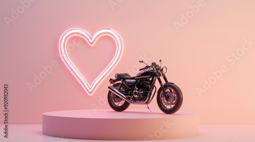 A photo of a 3D podium with a motorcycle and romantic red roses, isolated on a dark crimson background photo