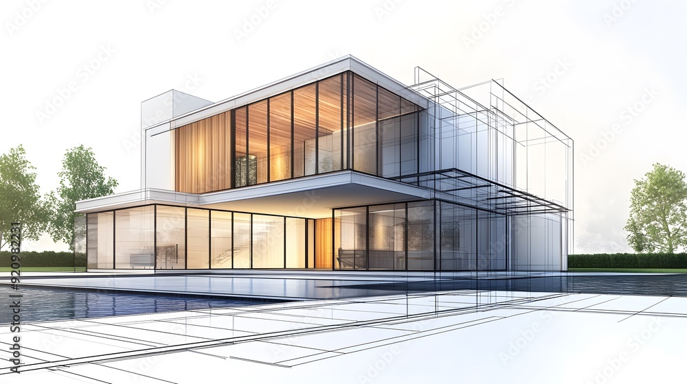 Architectural design, showcasing the exterior front view of a two-story modern house with wooden accents and large windows Architectural design, showcasing the exterior front view of a two-story modern house with wooden accents and large windows