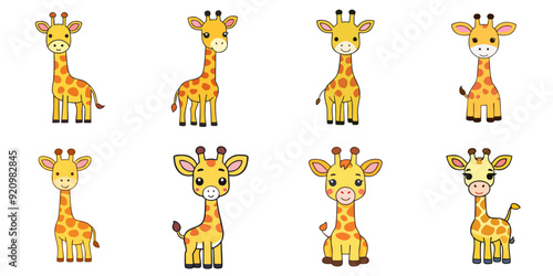 Multiple cute illustrations of giraffes, black outline