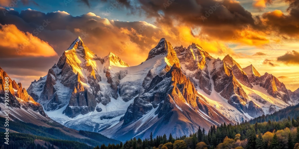 Obraz premium Majestic mountain peaks touch the sky, their rugged grandeur softened by a warm, golden light, evoking a sense of serene adventure and freedom.