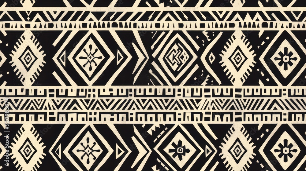 Tribal black and white geometric pattern with intricate details, creating a bold and ethnic visual. Seamless pattern. Tribal black and white geometric pattern with intricate details, creating a bold and ethnic visual. Seamless pattern.