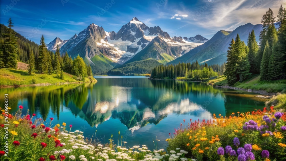 Fototapeta premium Majestic snow-capped mountain peaks rise above a serene alpine lake, surrounded by lush green forests and vibrant wildflowers under a crystal clear blue sky.