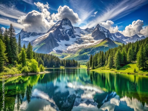 Majestic snow-capped mountain peaks rise above a serene alpine lake, surrounded by lush green forest, under a brilliant blue sky with wispy white clouds. photo