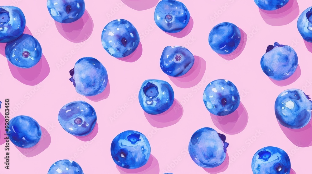 Seamless pattern of bold, graphic blueberries with leaves on a vibrant pink background. The colorful, pop art-inspired design evokes a fun, energetic vibe. Seamless pattern of bold, graphic blueberries with leaves on a vibrant pink background. The colorful, pop art-inspired design evokes a fun, energetic vibe.