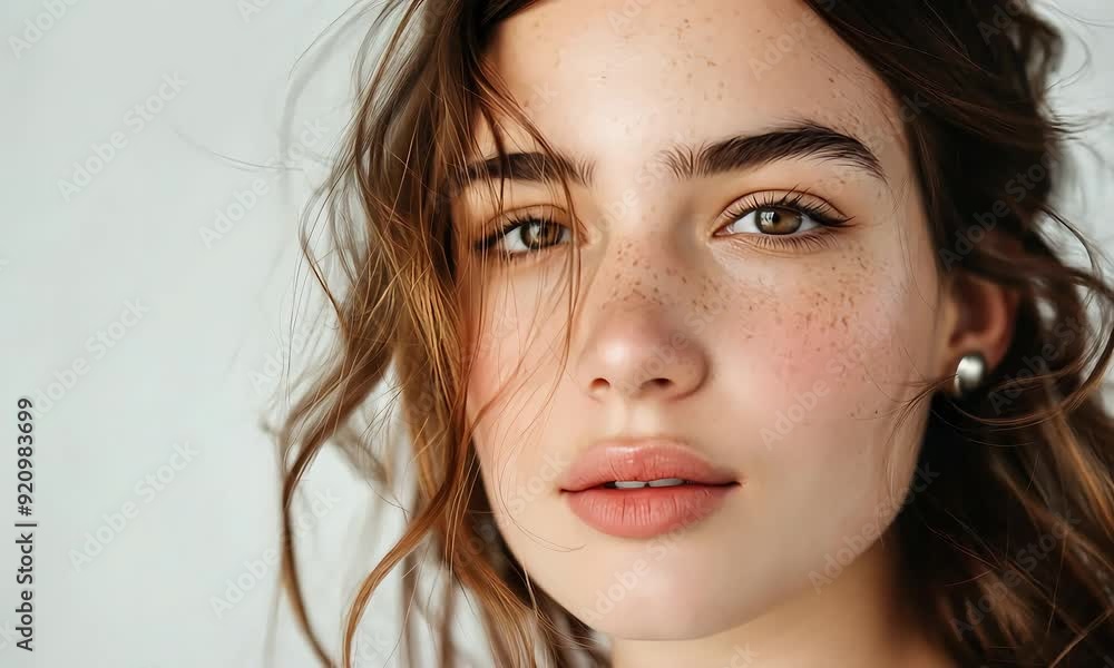 The Allure of Authenticity: A young woman with captivating eyes and natural beauty glows in soft, natural light. Her freckled skin and tousled hair speak to a sense of effortless grace and confidence. The Allure of Authenticity: A young woman with captivating eyes and natural beauty glows in soft, natural light. Her freckled skin and tousled hair speak to a sense of effortless grace and confidence.