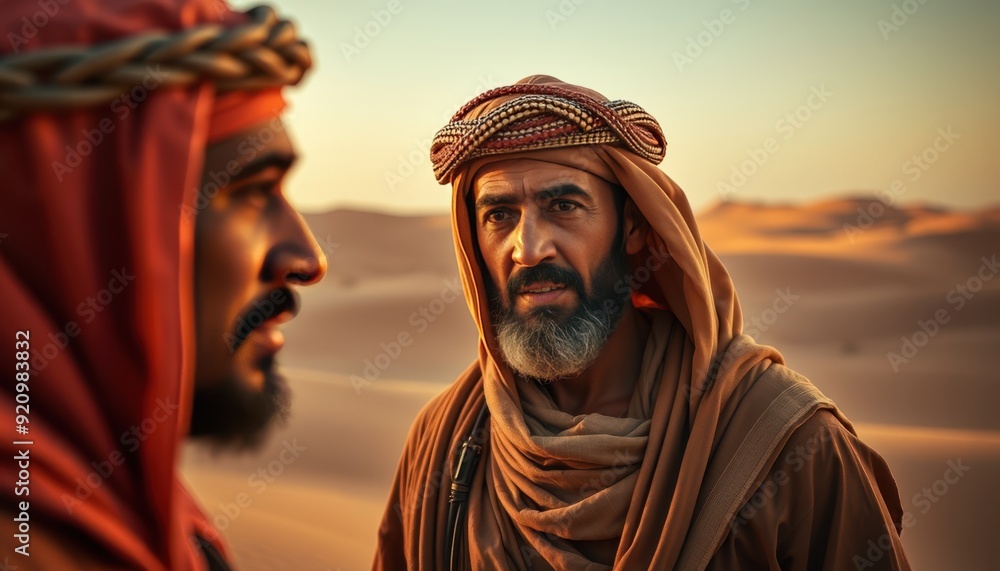Desert, Two Men in Red Headdresses in the Desert at Sunset Desert, Two Men in Red Headdresses in the Desert at Sunset