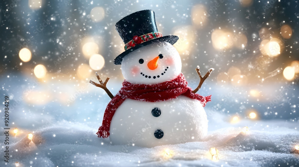 Cheerful snowman with red scarf and black hat in snowy winter wonderland with festive lights, creating a joyful holiday scene. Cheerful snowman with red scarf and black hat in snowy winter wonderland with festive lights, creating a joyful holiday scene.