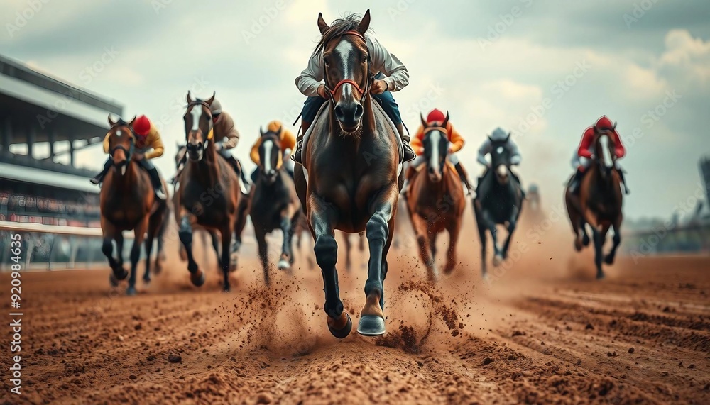 Cross view of horses racing closely in the hippodrome. Cross view of horses racing closely in the hippodrome.