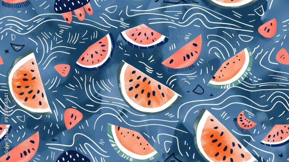 Colorful and abstract seamless pattern featuring watermelon slices on a dark blue background. Perfect for playful, modern, and vibrant designs. Colorful and abstract seamless pattern featuring watermelon slices on a dark blue background. Perfect for playful, modern, and vibrant designs.