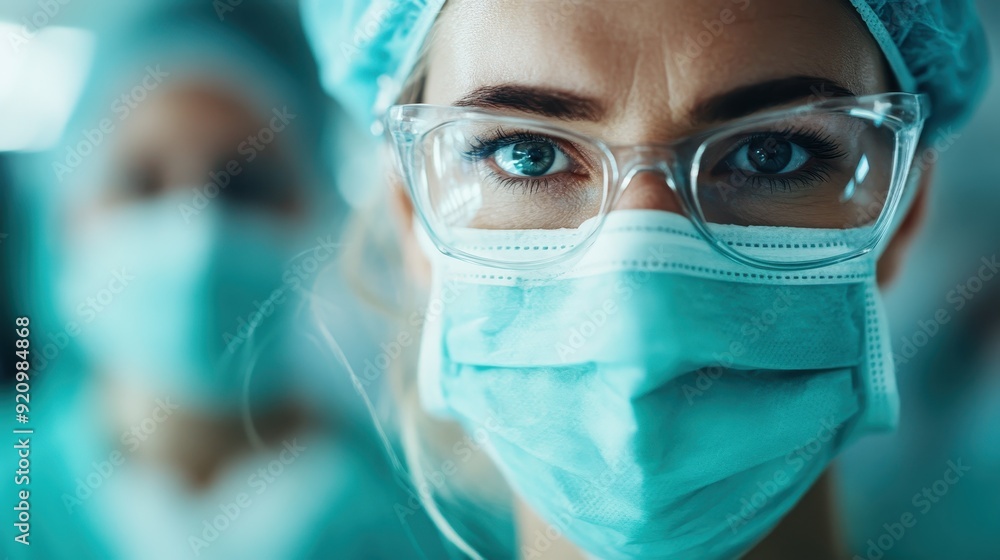 A female surgeon with glasses and mask stands close-up, in protective surgical gear, focused and ready for an operation, symbolizing precision and dedication in medical practice. A female surgeon with glasses and mask stands close-up, in protective surgical gear, focused and ready for an operation, symbolizing precision and dedication in medical practice.