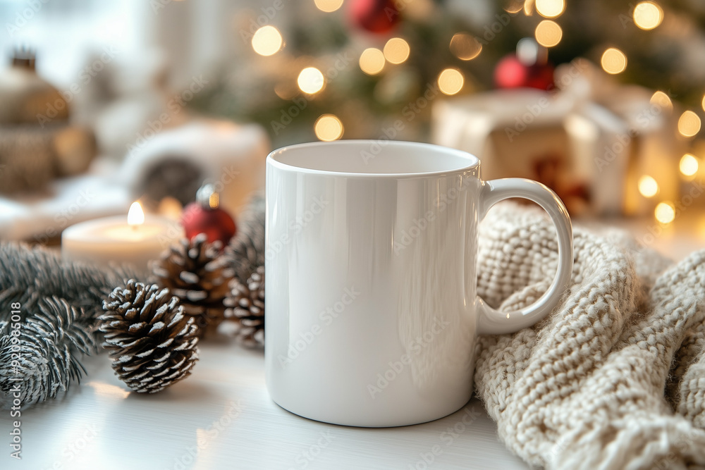 a blank white 11oz mug for mug mockup, on a white desk with christmas decoration arroung a blank white 11oz mug for mug mockup, on a white desk with christmas decoration arroung