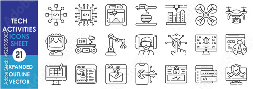 A set of line icons related to Tech Activities. Coding, hacking, 3d printing, drone, robotics, cyber security, virtual reality, game making and so on. Vector outline icons set.