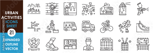 A set of line icons related to Urban Activities. Street, cycling, gardening, graffiti, food truck, skating, marathon, rooftop party, window shopping and so on. Vector outline icons set.