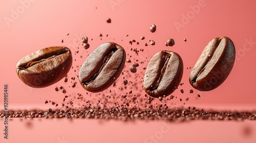 Four Coffee Beans in Mid-Air, Captured in Levitation, Floating Gracefully, Symbolizing Freshness and Aroma, Perfect for Coffee Marketing and Cafe Decor