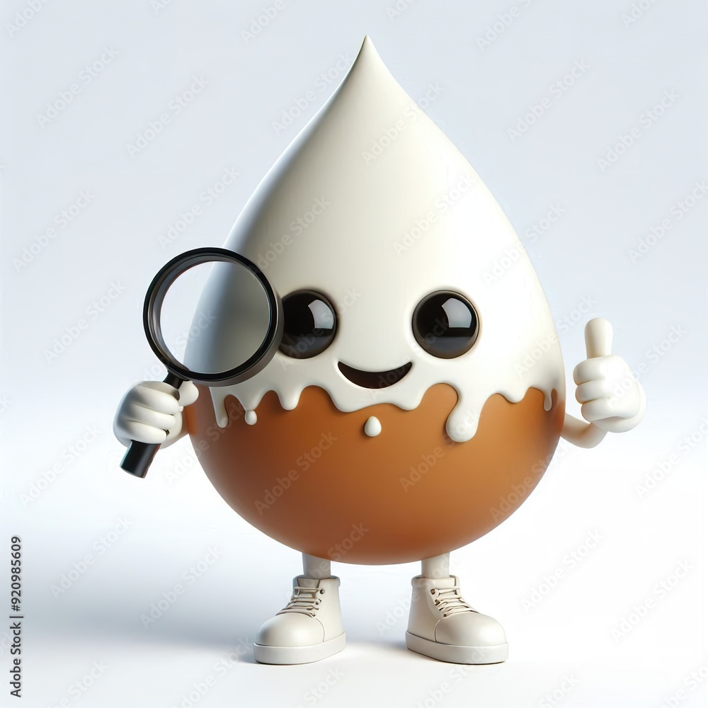 Advertising - product photo of high detailed 3D cartoon character of smiling coffee milk drop Advertising - product photo of high detailed 3D cartoon character of smiling coffee milk drop