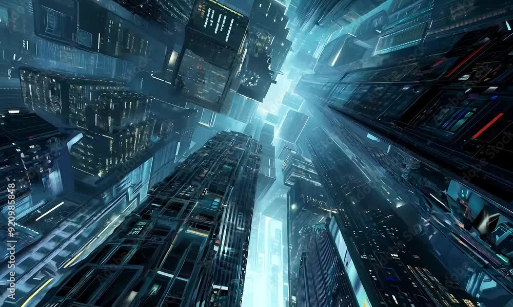 Cyber Metropolis: Looking up from the depths of a futuristic city with towering skyscrapers and glowing neon lights, capturing the awe-inspiring scale of a cyberpunk metropolis. Cyber Metropolis: Looking up from the depths of a futuristic city with towering skyscrapers and glowing neon lights, capturing the awe-inspiring scale of a cyberpunk metropolis.