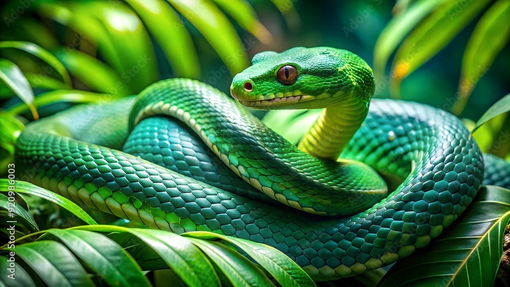 Serpentine Symphony in Emerald Green: A Snake Enveloped in Lush Foliage Generative AI Serpentine Symphony in Emerald Green: A Snake Enveloped in Lush Foliage Generative AI