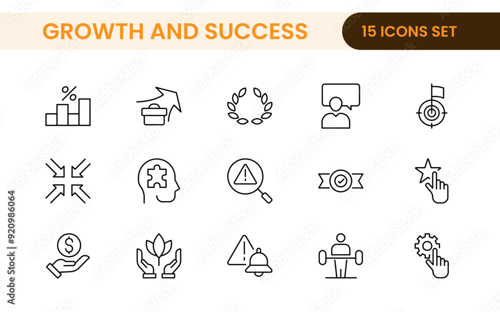 Growth and Success modern outline style icons set. Successful business development, plan and process symbol illustration. Growth and Success modern outline style icons set. Successful business development, plan and process symbol illustration.
