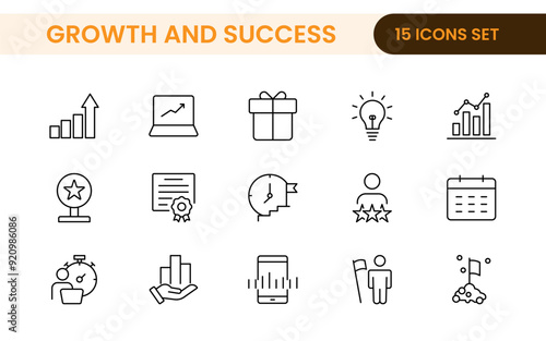 Growth and Success modern outline style icons set. Successful business development, plan and process symbol illustration.