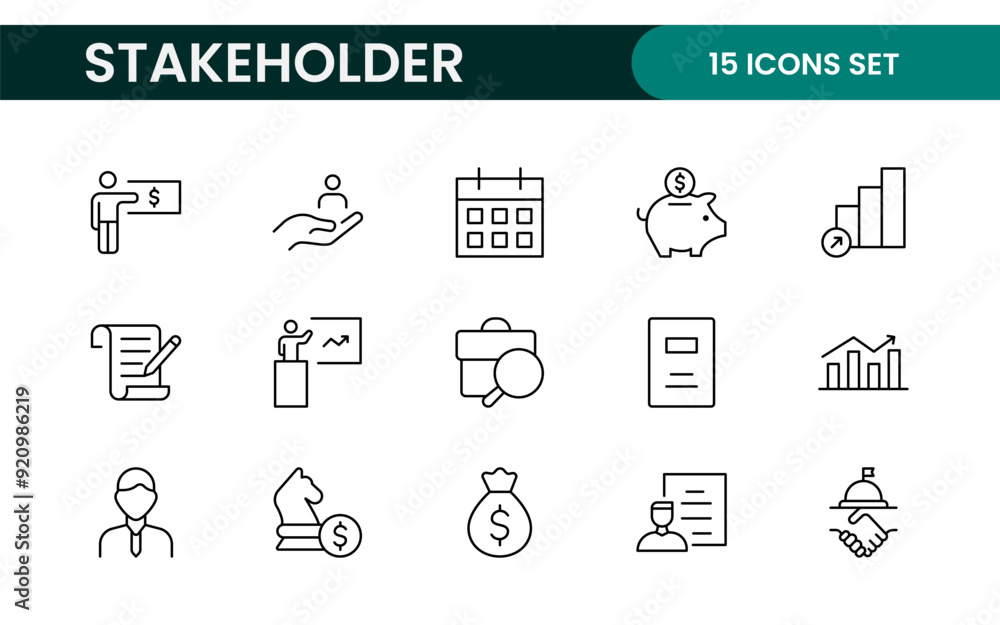 Stakeholder outline icons set. Business, teamwork, trade unions, suppliers, government, customers, creditors, community, investors and partners. Stakeholder outline icons set. Business, teamwork, trade unions, suppliers, government, customers, creditors, community, investors and partners.