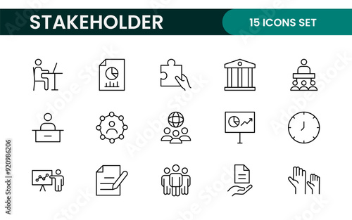 Stakeholder outline icons set. Business, teamwork, trade unions, suppliers, government, customers, creditors, community, investors and partners.
