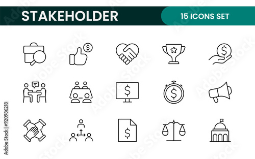 Stakeholder outline icons set. Business, teamwork, trade unions, suppliers, government, customers, creditors, community, investors and partners.