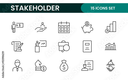 Stakeholder outline icons set. Business, teamwork, trade unions, suppliers, government, customers, creditors, community, investors and partners.