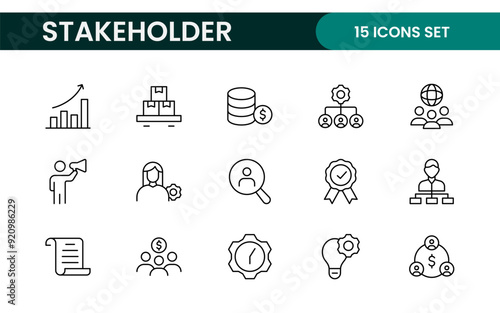 Stakeholder outline icons set. Business, teamwork, trade unions, suppliers, government, customers, creditors, community, investors and partners.