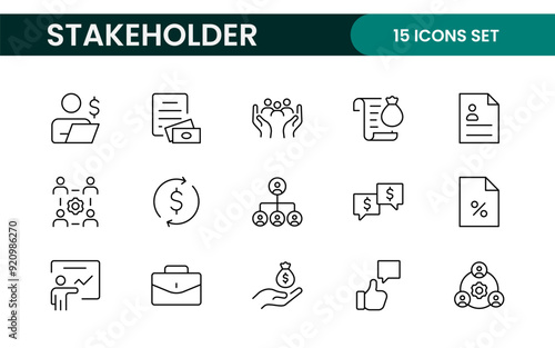 Stakeholder outline icons set. Business, teamwork, trade unions, suppliers, government, customers, creditors, community, investors and partners.