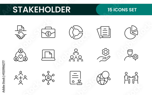 Stakeholder outline icons set. Business, teamwork, trade unions, suppliers, government, customers, creditors, community, investors and partners.