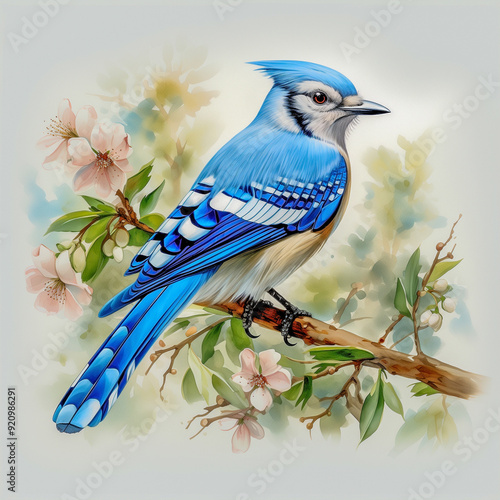 Watercolor of blue jay perched photo