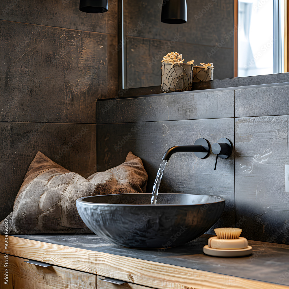 Modern elegant minimalistic dark gray, grey or black bathroom home or house apartment interior design with a pillow, wall, sink and faucet. Modern elegant minimalistic dark gray, grey or black bathroom home or house apartment interior design with a pillow, wall, sink and faucet.