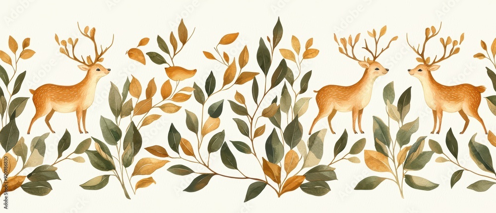 A charming illustration featuring deer among autumn leaves, creating a warm and inviting woodland scene. A charming illustration featuring deer among autumn leaves, creating a warm and inviting woodland scene.