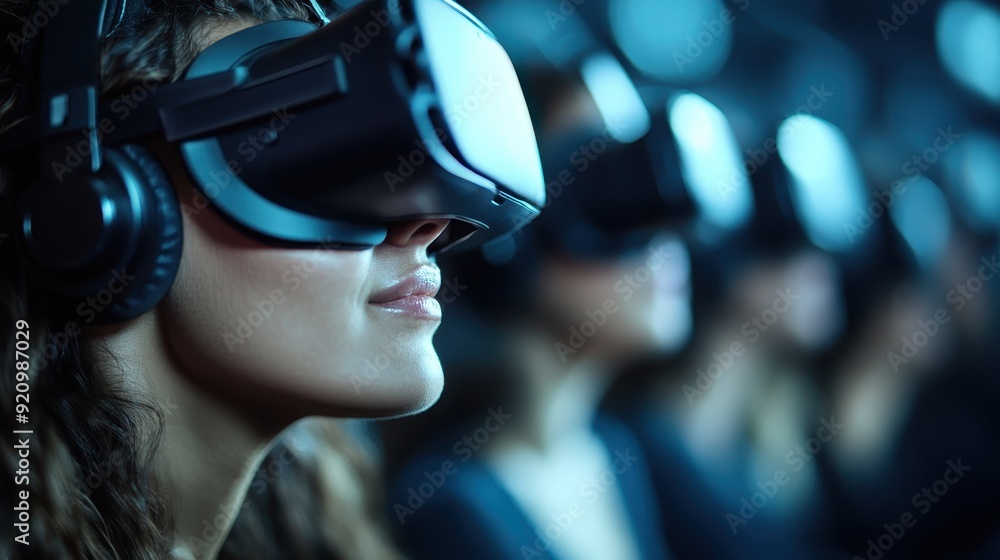 A group of individuals wearing VR headsets, experiencing virtual reality in a dark room, engaging in immersive digital adventures and futuristic interactions. A group of individuals wearing VR headsets, experiencing virtual reality in a dark room, engaging in immersive digital adventures and futuristic interactions.