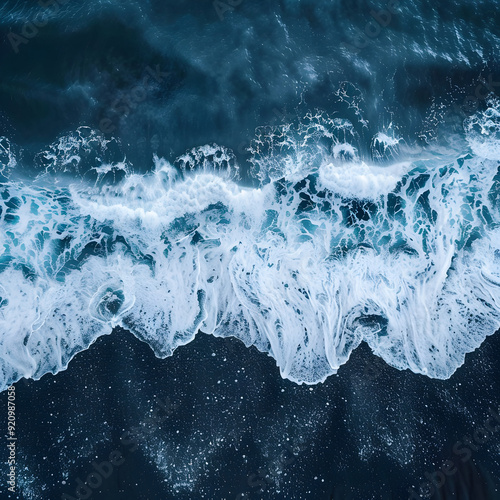 Aerial drone view or top view perspective photography of a beautiful transparent clear sea or ocean waves and foam splashing on the dark navvy blue or gray sand beach. 