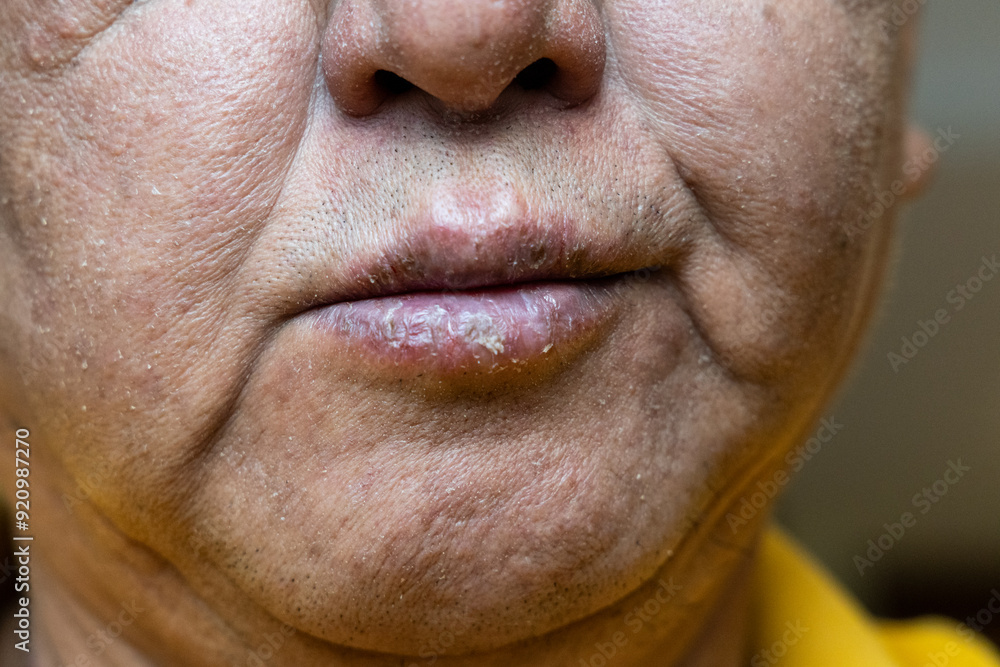 Obraz premium Closeup of elderly Asian man with dry face and chapped cracked lips with dryness during winter without protection
