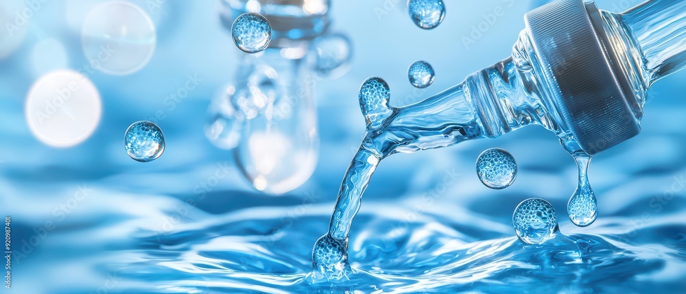 A close-up of a dropper releasing water droplets into a shimmering blue liquid, capturing purity and freshness. A close-up of a dropper releasing water droplets into a shimmering blue liquid, capturing purity and freshness.