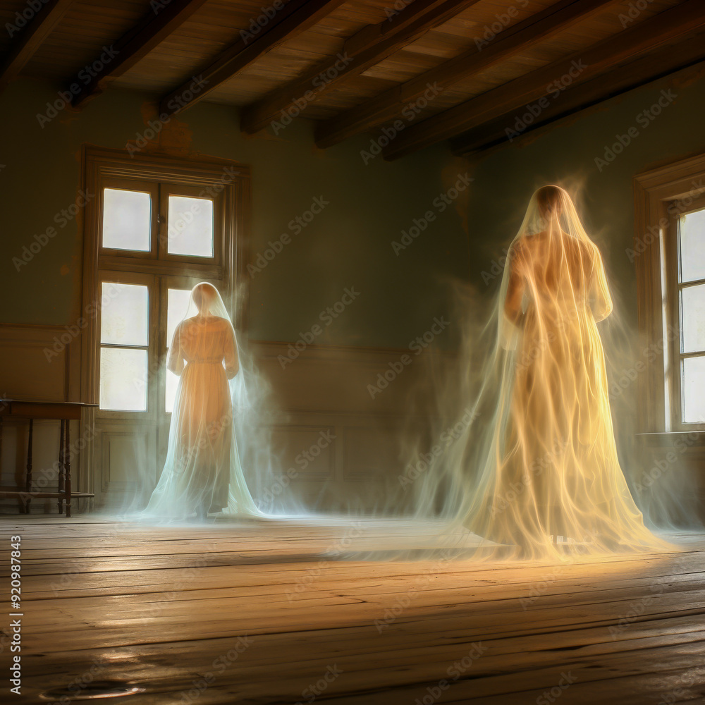 Haunting image of two ethereal ghostly figures in flowing veils standing in an abandoned room with soft eerie light filtering through the windows Haunting image of two ethereal ghostly figures in flowing veils standing in an abandoned room with soft eerie light filtering through the windows