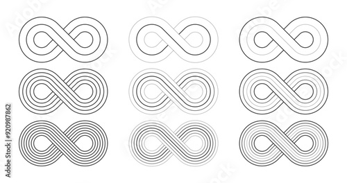 Simple line black infinity vector symbols with editable strokes. Contemporary mid-century geometric design elements for unlimited, endless, eternity, loop, discontinuation, and repetition concepts