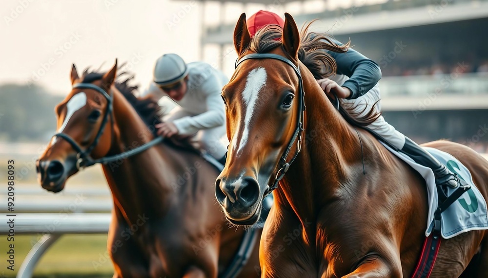 Obraz premium Cross view of horses racing closely in the hippodrome.