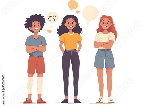 Three friends thinking and smiling.