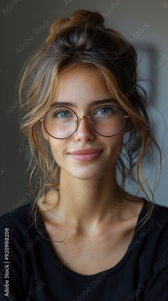 Obraz premium Portrait of a beautiful young woman with glasses and a messy bun hairstyle.