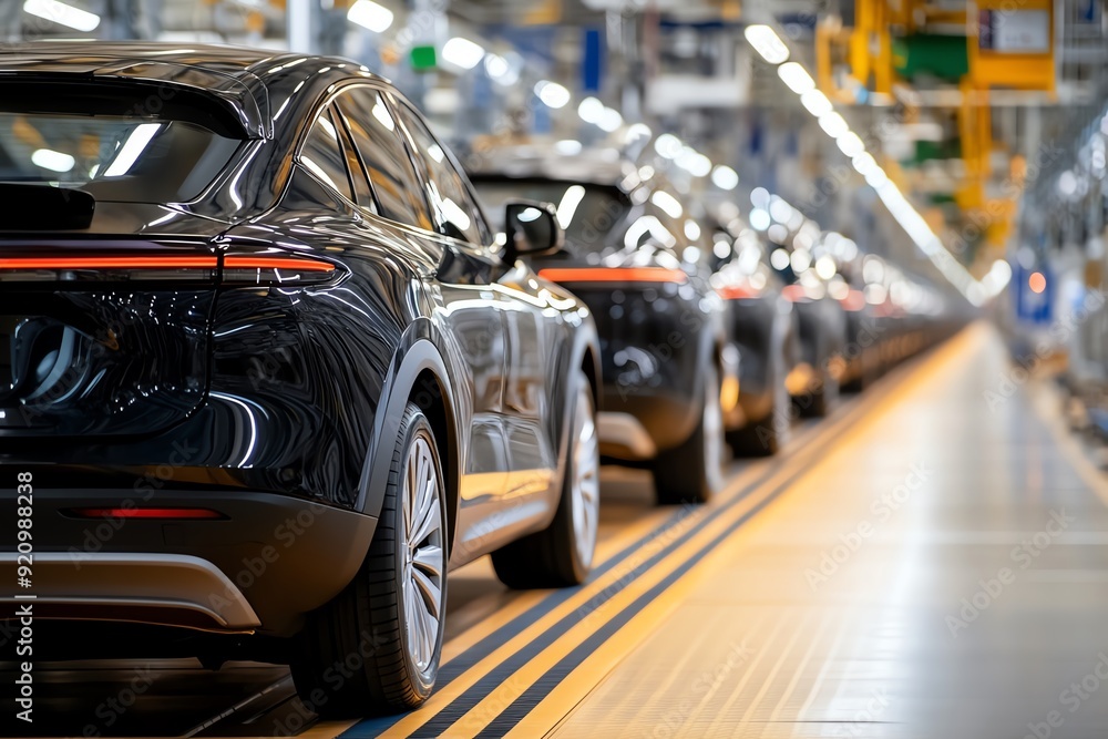 Rows of sleek black cars in a modern manufacturing facility, showcasing advanced automotive production techniques. Rows of sleek black cars in a modern manufacturing facility, showcasing advanced automotive production techniques.
