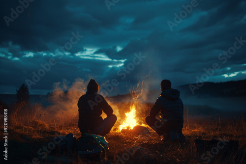 Two tourists sitting by the fire near the camp on a blue night. Rear view of people against the backdrop of a bright bonfire