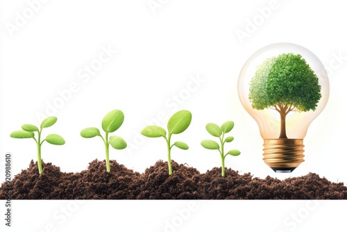 A creative concept of growth featuring seedlings and a light bulb shaped like a tree, symbolizing eco-friendly ideas and innovation. photo