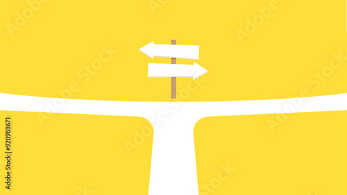 A road bifurcation with a wooden signpost showing blank arrows pointing left and right on a yellow background